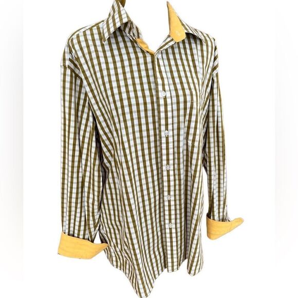 ALFRED DUNHILL Slim Fit olive green/white plaid 100% cotton shirt , size XXXL. - Picture 4 of 6